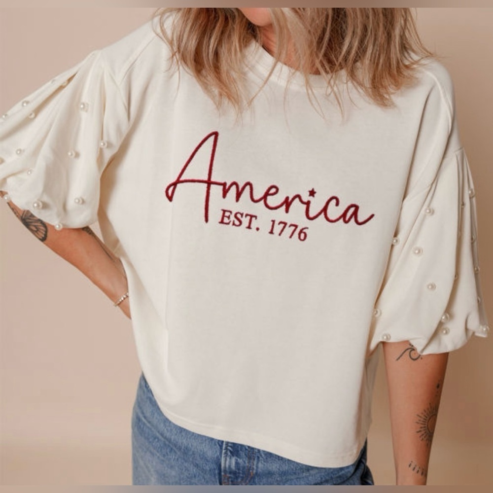 Cream Graphic Tee with Pearl Details